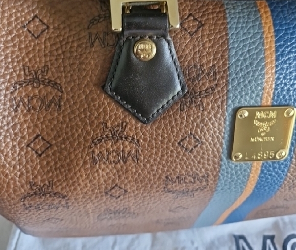 MCM Cognac Visetos Duffel Bag with Blue Stripe - Picture 3 of 16